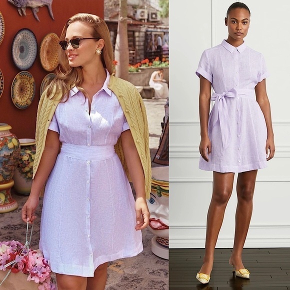 NWT HILL HOUSE Linen Lilac Stripe Short Sleeve Tie Waist Button Up Shirt Dress L - Picture 1 of 8